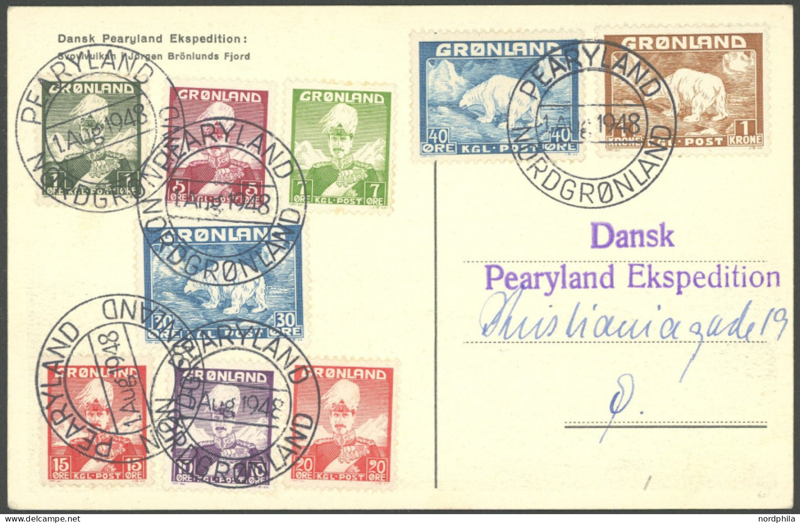 GRÖNLAND - DÄNISCHE POST 1-7,26/7 BRIEF, 1948, Mi.Nr. 1-7 Und 26/7 Auf Pearyland Expeditionskarte Mit Expeditionsstempel - Other & Unclassified