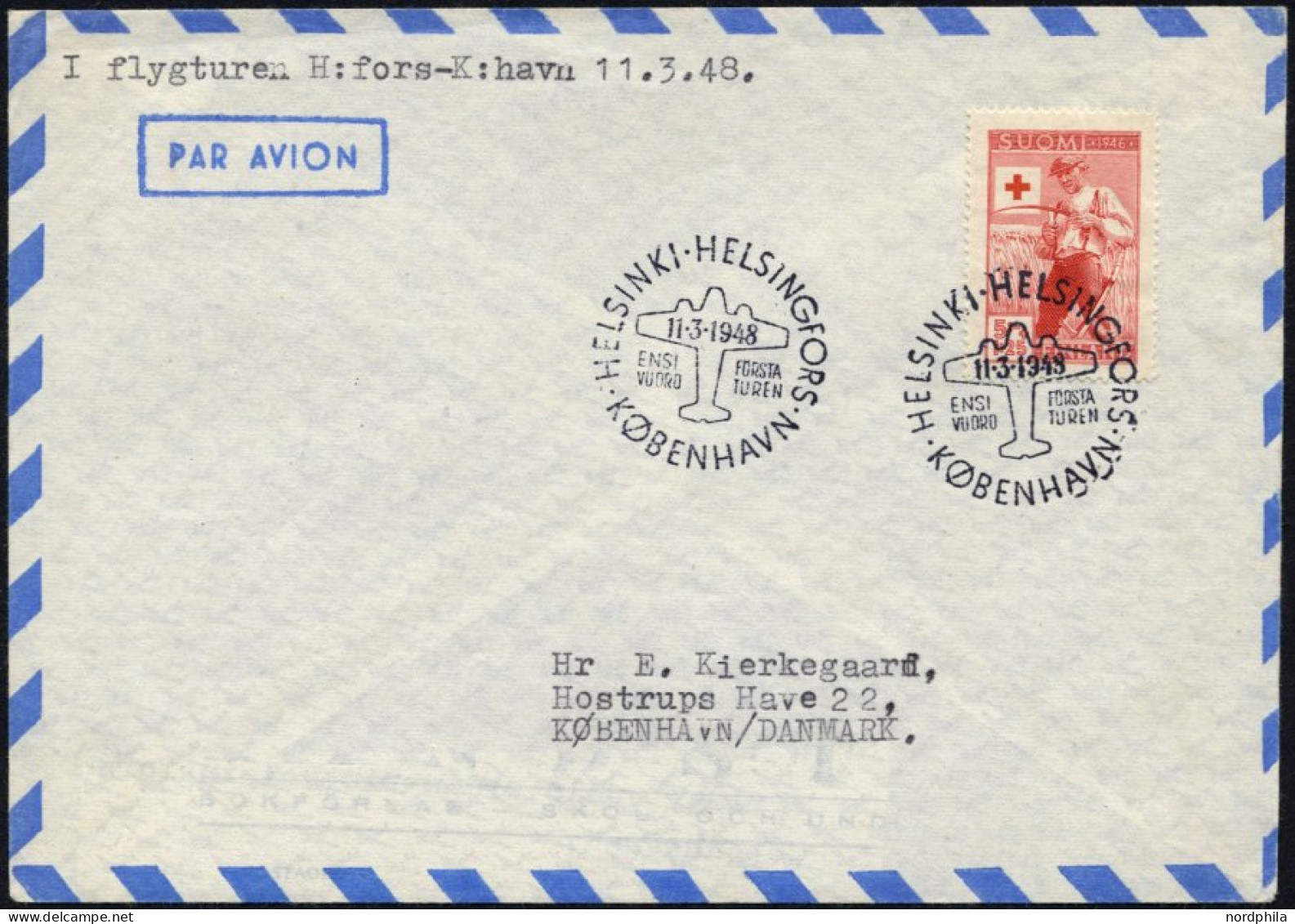 FINNLAND 322 BRIEF, 11.3.48, Erstflug HELSINKI-KOPENHAGEN, Pracht, Müller 58 - Gebraucht