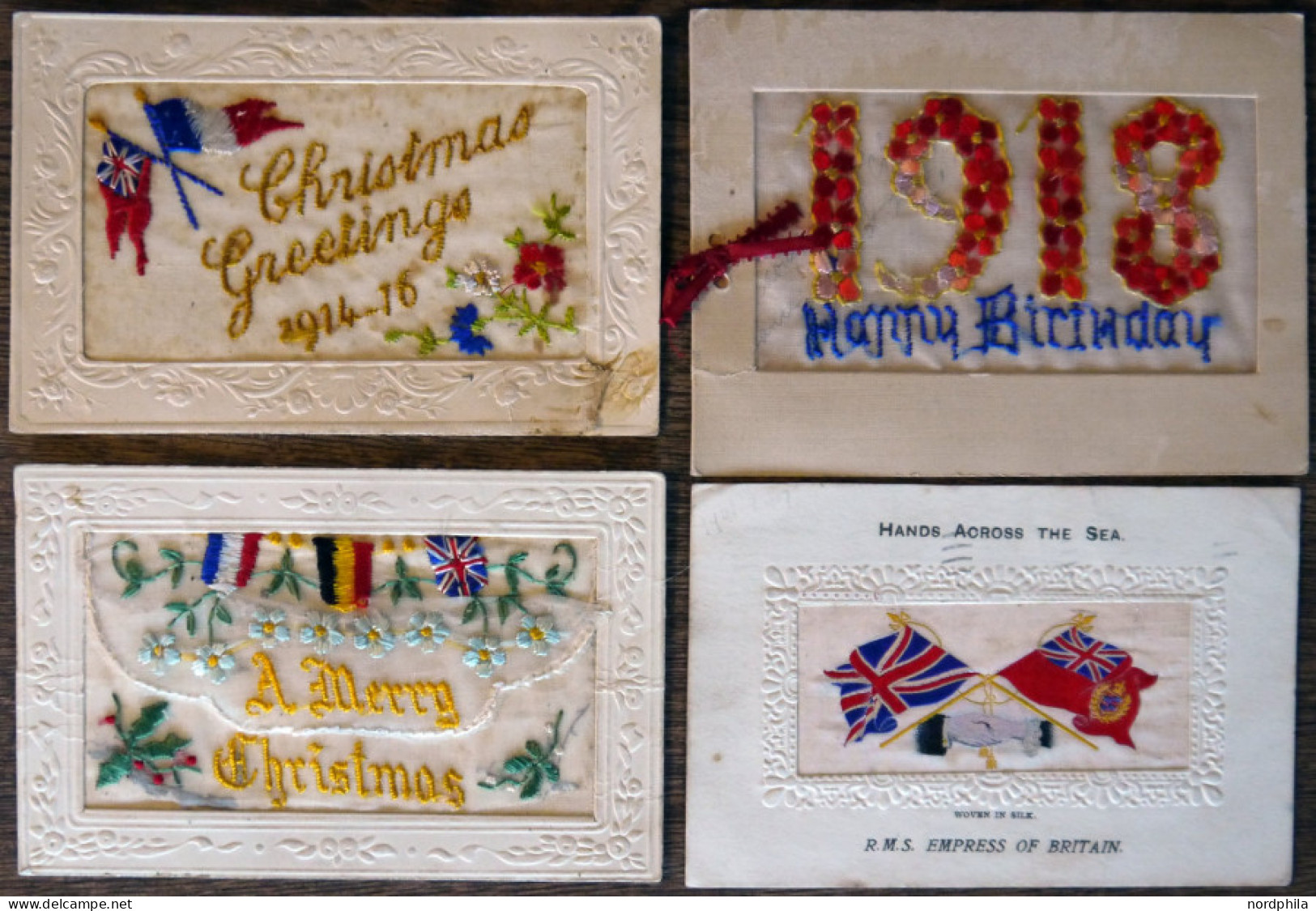 LOTS 1901/18, 4 Seidenstickerei-Karten Mit Flaggen Und Blumen, Als Geburtstags-, Weihnachts-, Hand-cross The Sea - Grüße - Otros & Sin Clasificación