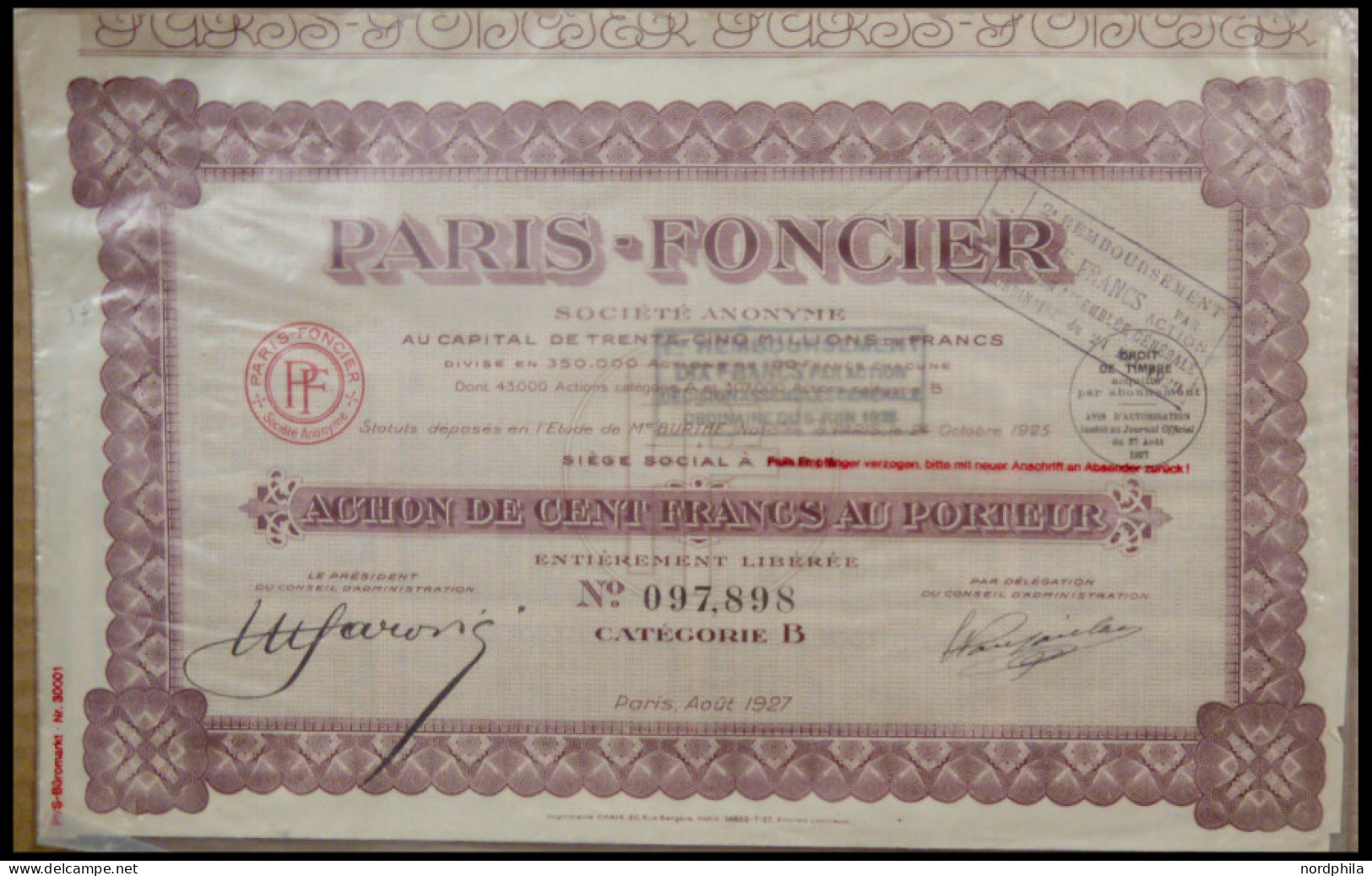 LOTS 1925, PARIS-FONCIER, Dekorative Originalaktie, Mit 35 Dividendencoupons - Other & Unclassified