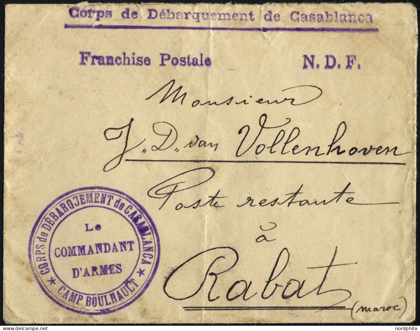 FRANZ.POST IN MAROKKO 1911, Feldpostbrief Von Casablanca Nach Rabatt Mit Violettem Militärstempel Und L1 FRANCHISE POSTA - Andere & Zonder Classificatie