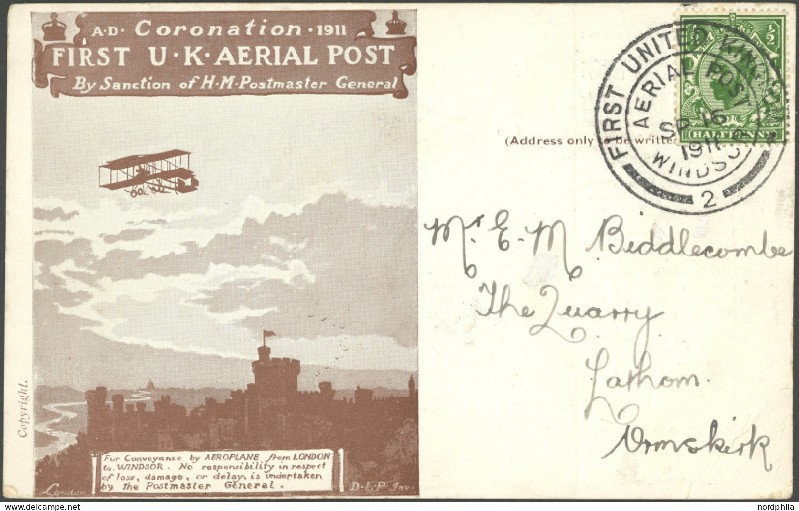 GROSSBRITANNIEN 121 BRIEF, 1911, 1/2 P. König Georg V Auf First U.K. AERIAL POST, Dunkelbraune Sonderkarte Mit Instrukti - Sonstige & Ohne Zuordnung