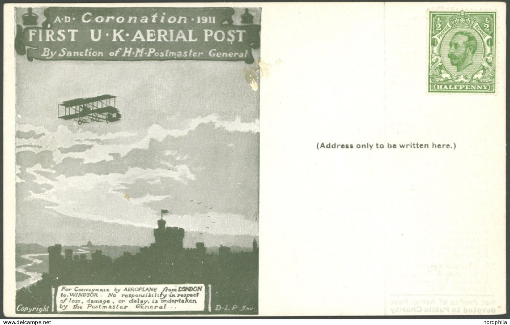 GROSSBRITANNIEN 121 BRIEF, 1911, 1/2 P. König Georg V Auf First U.K. AERIAL POST, Graugrüne Sonderkarte, Ungebraucht, Pr - Otros & Sin Clasificación