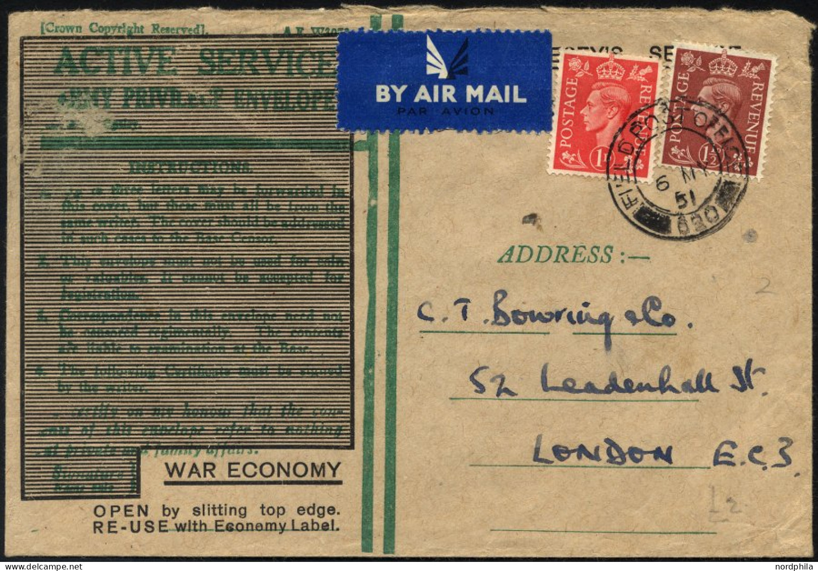 BRITISCHE MILITÄRPOST 222/3 BRIEF, 1951, 1 Und 11/2 P. König Georg VI Mit K2 FIELD POST OFFICE/630 Auf Feldpostbrief, Fe - Usados