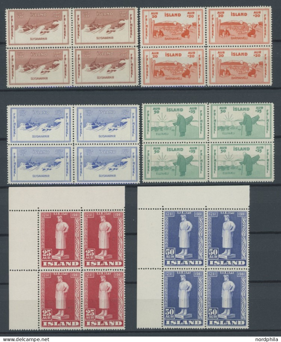 ISLAND 168-71,223-25 VB , 1933/41, Wohltätigkeitsvereinigungen Und Sturluson, 2 Postfrische Viererblock-Sätze, Pracht, M - Otros & Sin Clasificación