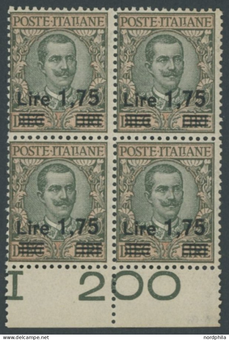 ITALIEN 221 VB , 1925, 1.75 L. Auf 10 L. Oliv/rosa Im Unterrandviererblock, Postfrisch, Pracht, Mi. (160.-) - Ohne Zuordnung