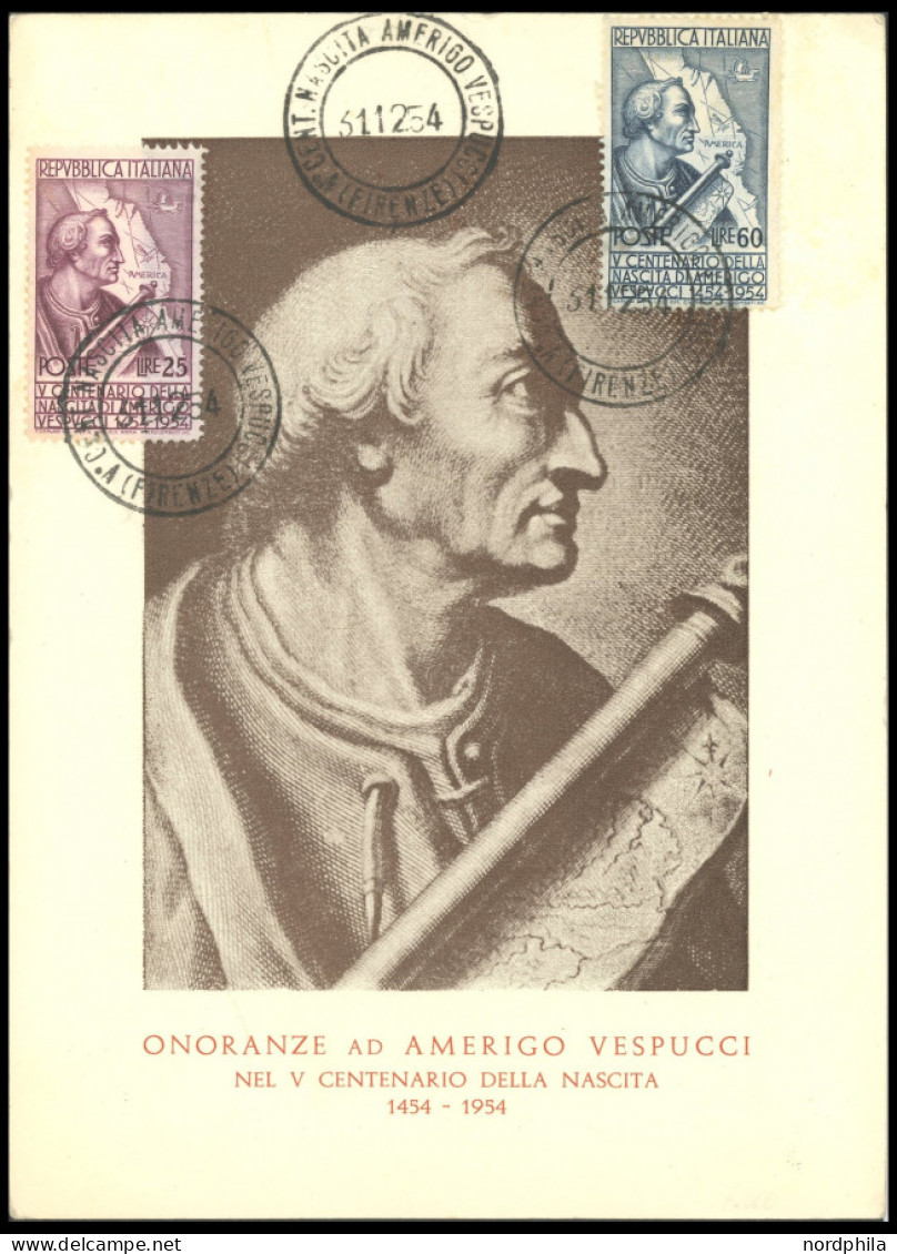 ITALIEN 922/3 BRIEF, 1954, 25 Und 60 L. Vespucci Mit Ersttagsstempel Auf Maximumkarte, Pracht - Sin Clasificación