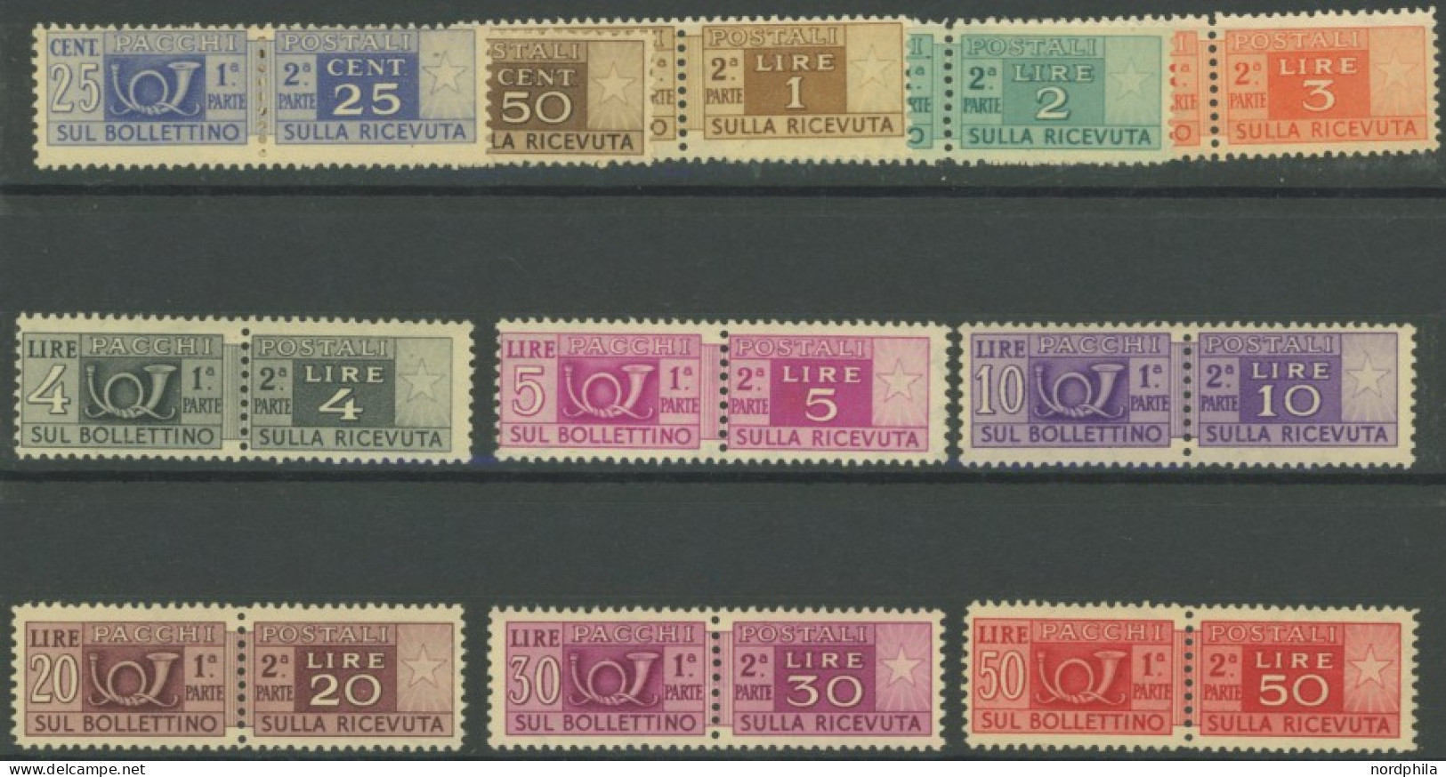 PAKETMARKEN Pa 66-80 , 1946/52, Posthorn/Wertziffer, Wz. 3, Prachtsatz, 300 L. Fotoattest Sorani, Mi. 2500.- - Paketmarken