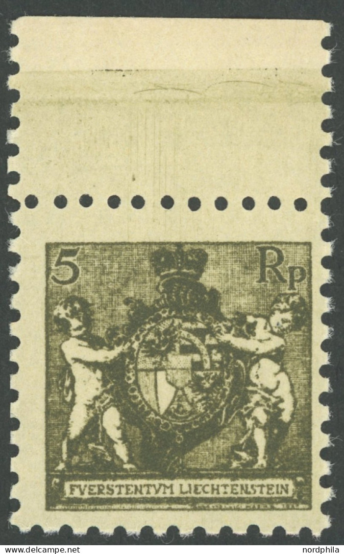 LIECHTENSTEIN 48A , 1921, 5 Rp. Schwarzbräunlicholiv, Gezähnt L 91/2, Oberrandstück, Postfrisch, Pracht, Mi. (280.-) - Other & Unclassified