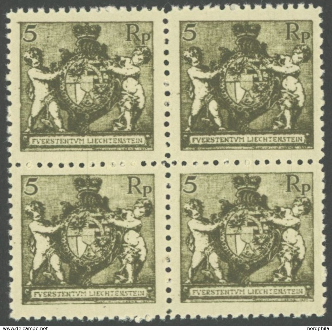 LIECHTENSTEIN 48B VB , 1921, 5 Rp. Schwarzbräunlilcholiv, Gezähnt L 121/2, Im Viererblock, Postfrisch, Pracht, Mi. (200. - Other & Unclassified