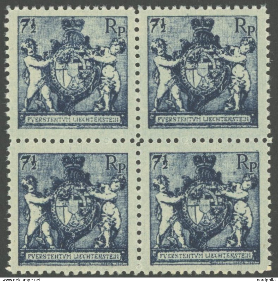 LIECHTENSTEIN 49B VB , 1921, 71/2 Rp. Schwarzblau, Gezähnt L 121/2, Im Viererblock, Postfrisch, Pracht, Mi. (120.-) - Otros & Sin Clasificación