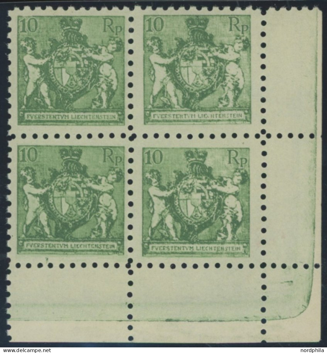 LIECHTENSTEIN 50A VB , 1921, 10 Rp. Dunkelgelblichgrün, Gezähnt L 91/2, Im Viererblock Aus Der Unteren Rechten Bogenecke - Otros & Sin Clasificación