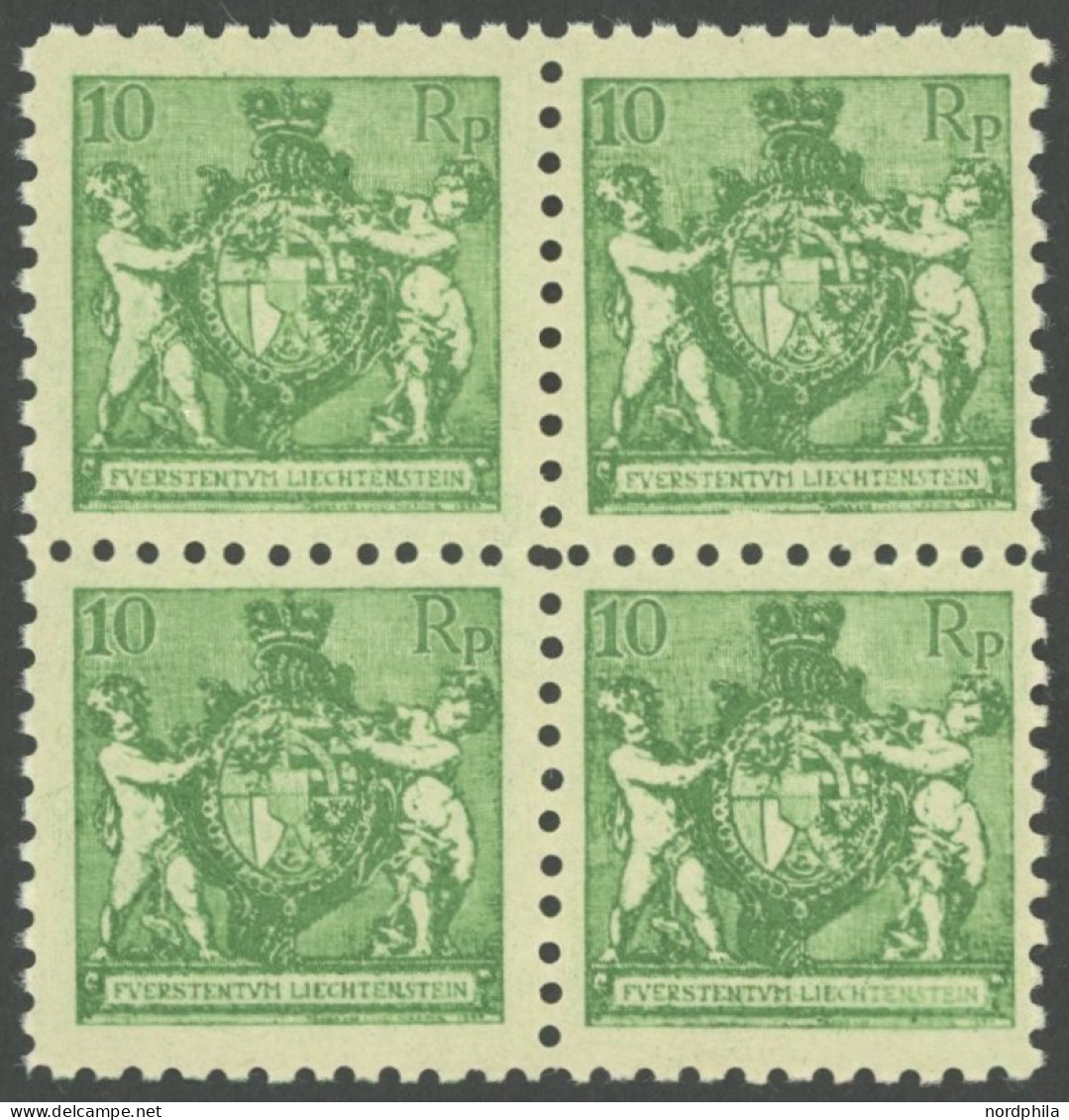 LIECHTENSTEIN 50A VB , 1921, 10 Rp. Dunkelgelblichgrün, Gezähnt L 91/2, Im Viererblock, Postfrisch, Pracht, Mi. (340.-) - Other & Unclassified
