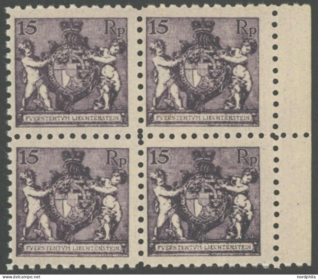 LIECHTENSTEIN 52A VB , 1921, 15 Rp. Schwarzgrauviolett, Gezähnt L 91/2, Im Viererblock, Postfrisch, Pracht, Mi. 240.- - Other & Unclassified