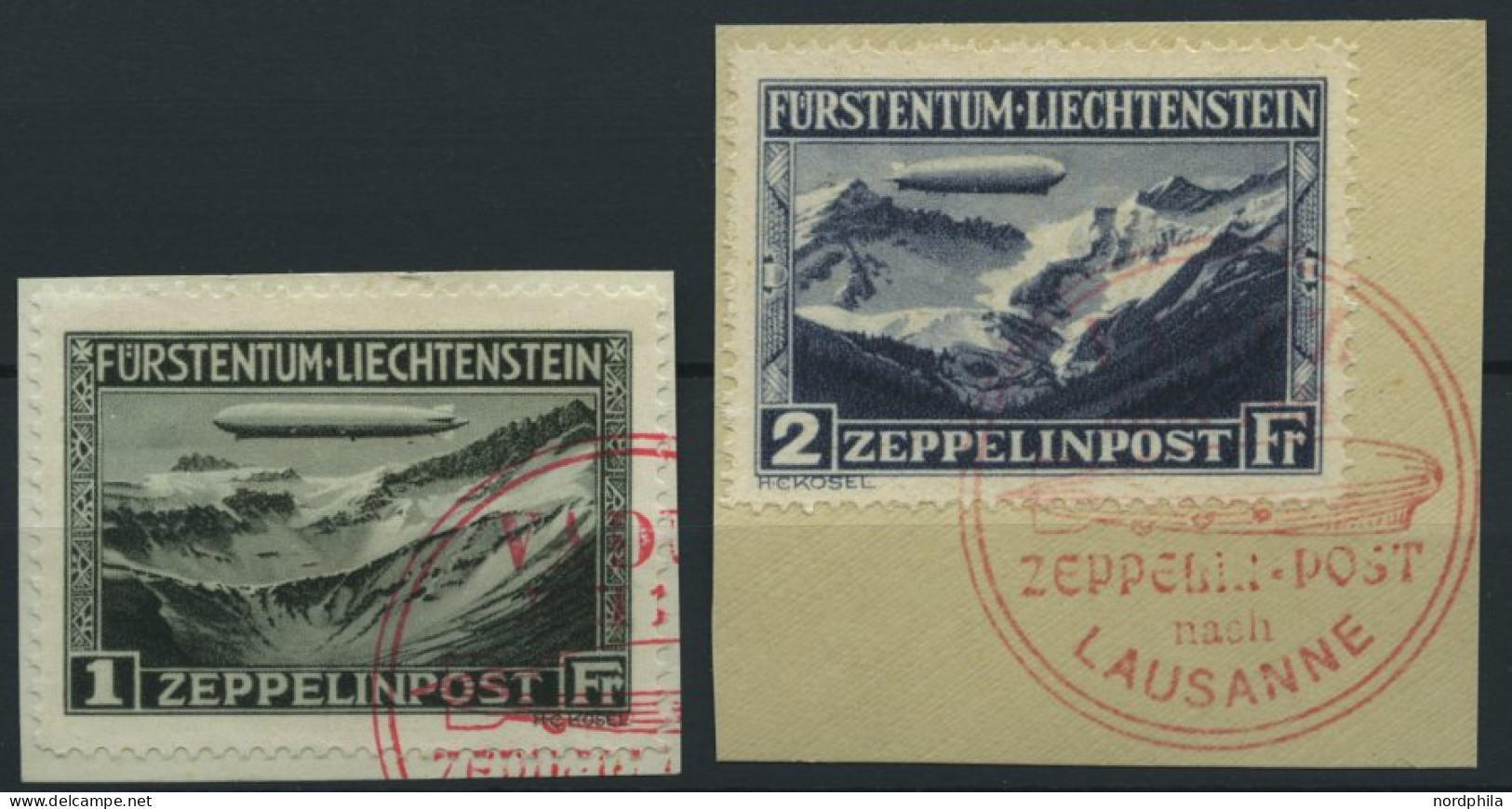 LIECHTENSTEIN 114/5 BrfStk, 1931, Graf Zeppelin, Rote Sonderstempel, 2 Prachtbriefstücke, Mi (600.-) - Otros & Sin Clasificación