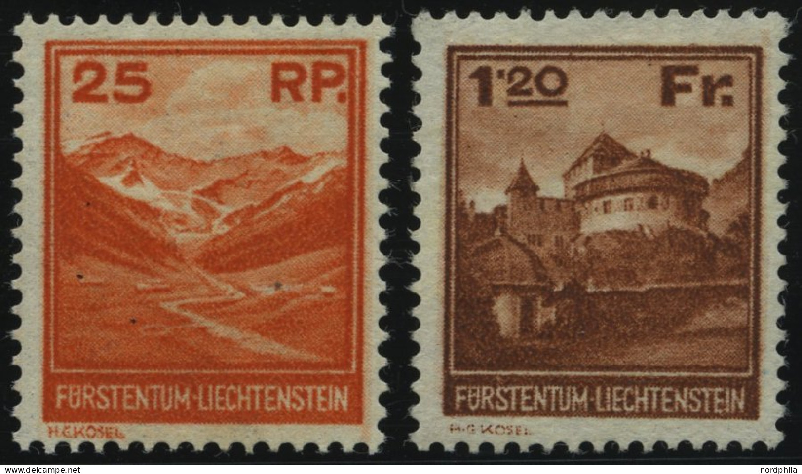 LIECHTENSTEIN 119,121 , 1933, 25 Rp. Und 1.20 Fr. Landschaften Und Gebäude, Falzrest, Pracht - Otros & Sin Clasificación