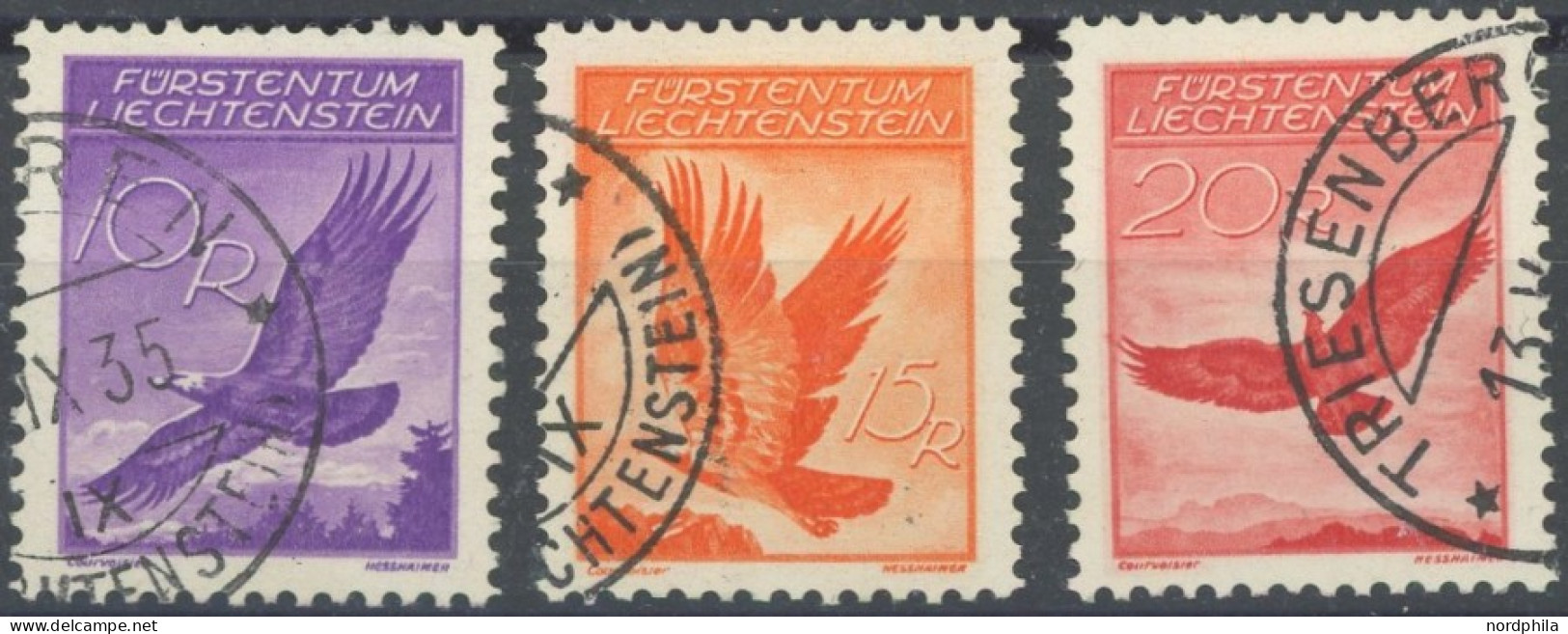 LIECHTENSTEIN 143-45y O, 1935, 10 - 20 Rp. Adler, Geriffelter Gummi, 3 Prachtwerte - Sonstige & Ohne Zuordnung