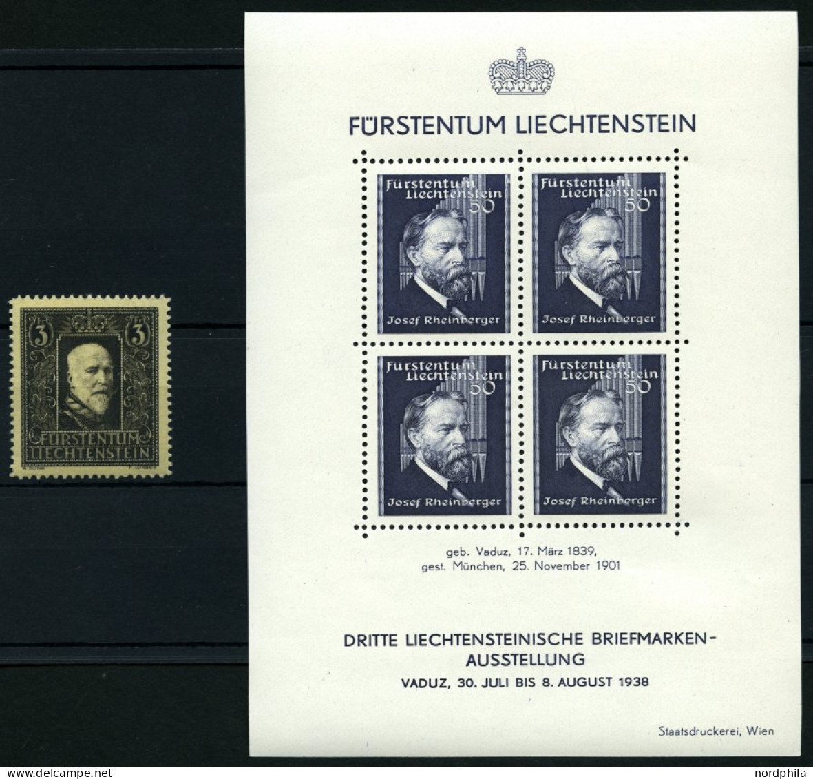 LIECHTENSTEIN Bl. 3,171 , 1938, Block Briefmarken-Ausstellung Und 3 Fr. Tod Von Fürst Franz I, Pracht, Mi. 104.- - Andere & Zonder Classificatie