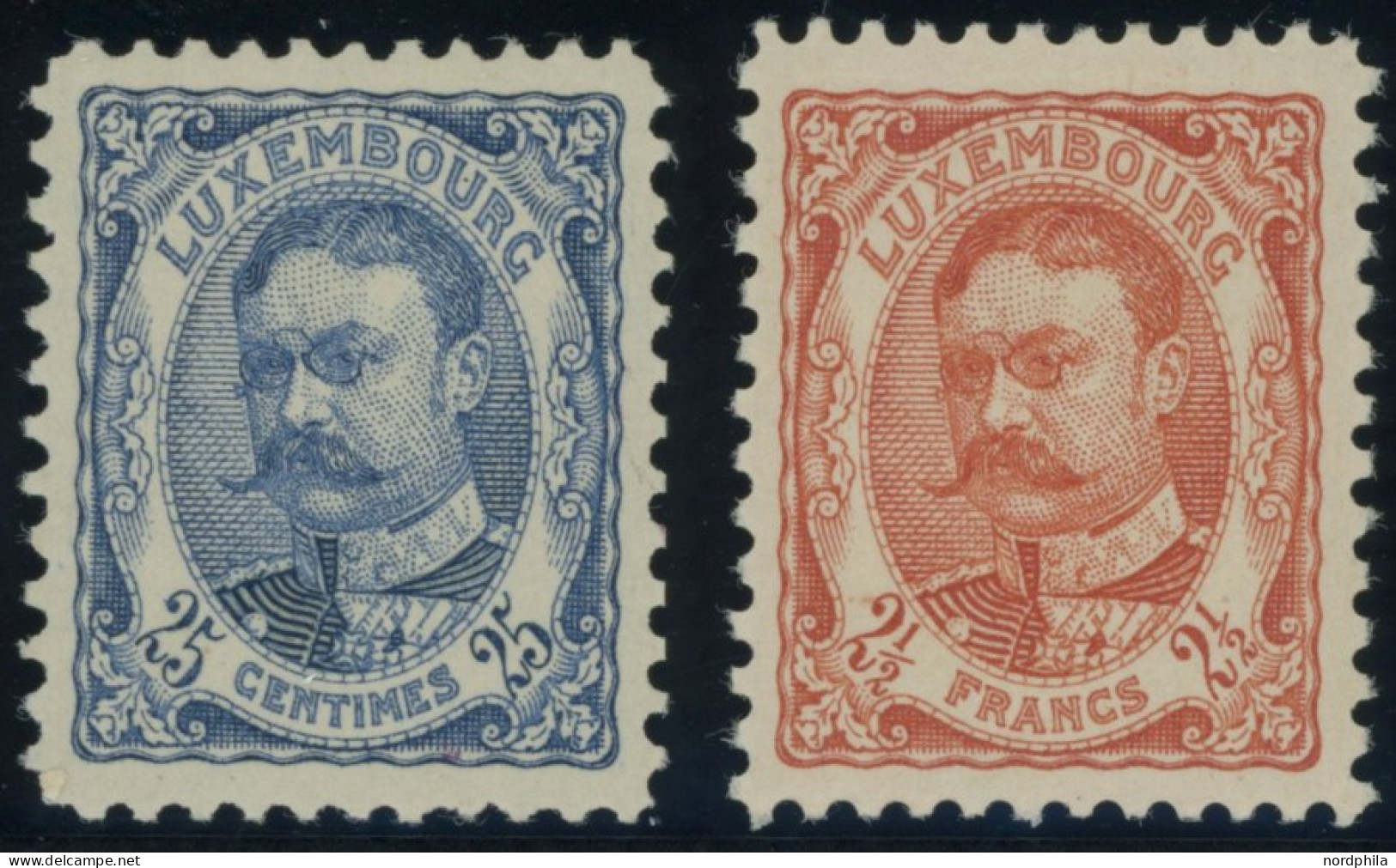 LUXEMBURG 76,82 , 1907/8, 25 C. Ultramarin Und 21/2 Fr. Rotorange, Falzrest, 2 Prachtwerte, Mi. 180.- - Other & Unclassified