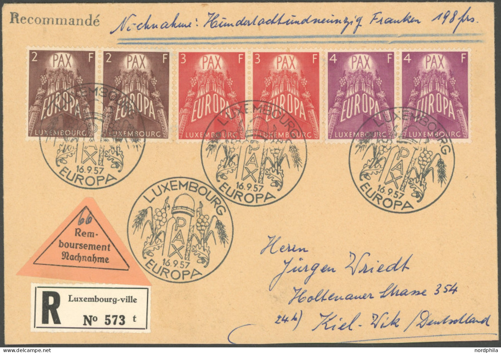 LUXEMBURG 572-74 VB BRIEF, 1957, Europa In Waagerechten Paaren Auf FDC, Nachnahme-Einschreibbrief Nach Deutschland, Prac - Andere & Zonder Classificatie