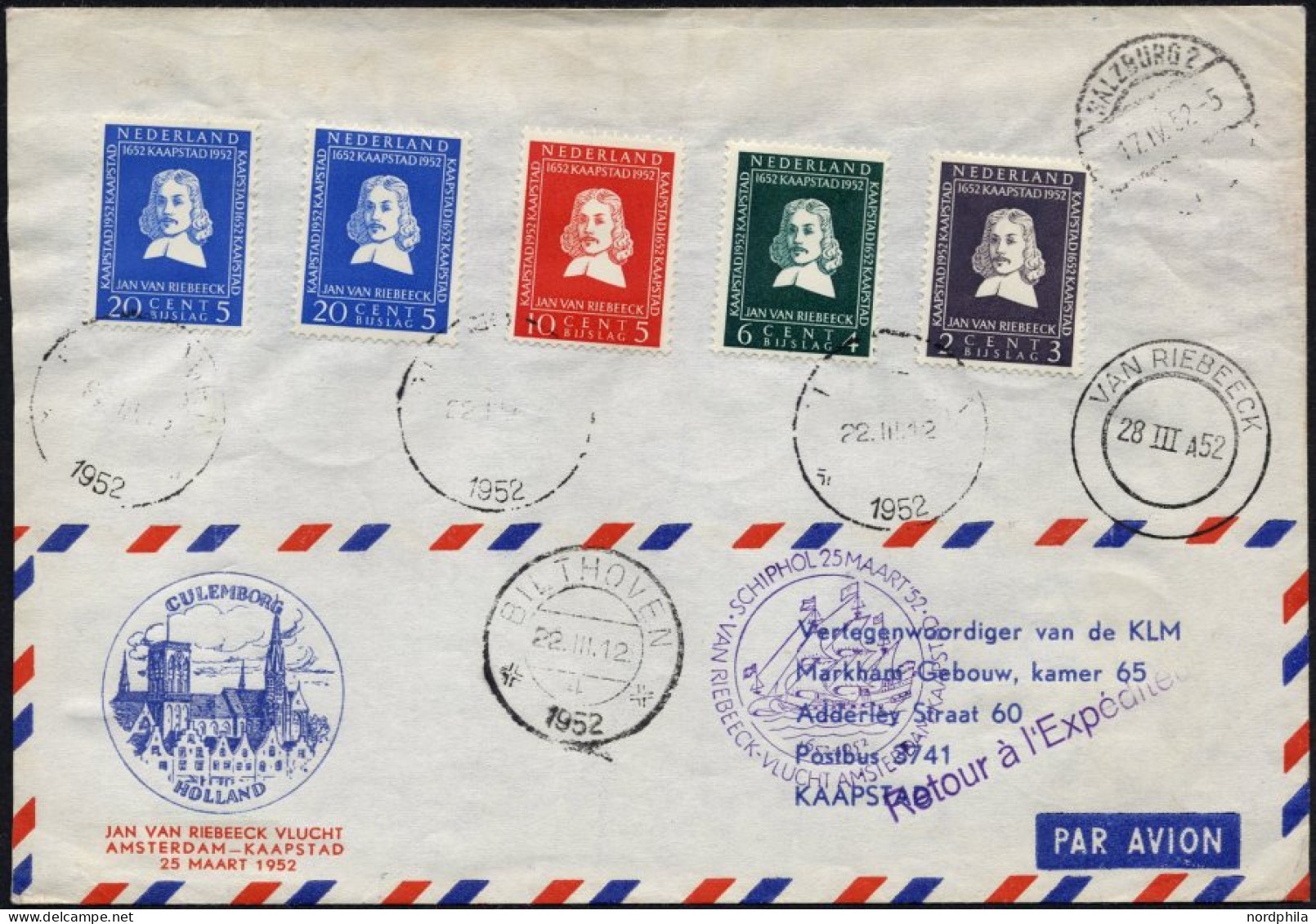 NIEDERLANDE 583-86 BRIEF, 25.3.52, Jan Van Riebeeck-Flug AMSTERDAM-KAPSTADT Und Zurück, Rückseite Mit Bunter Südafrika-F - Luftpost