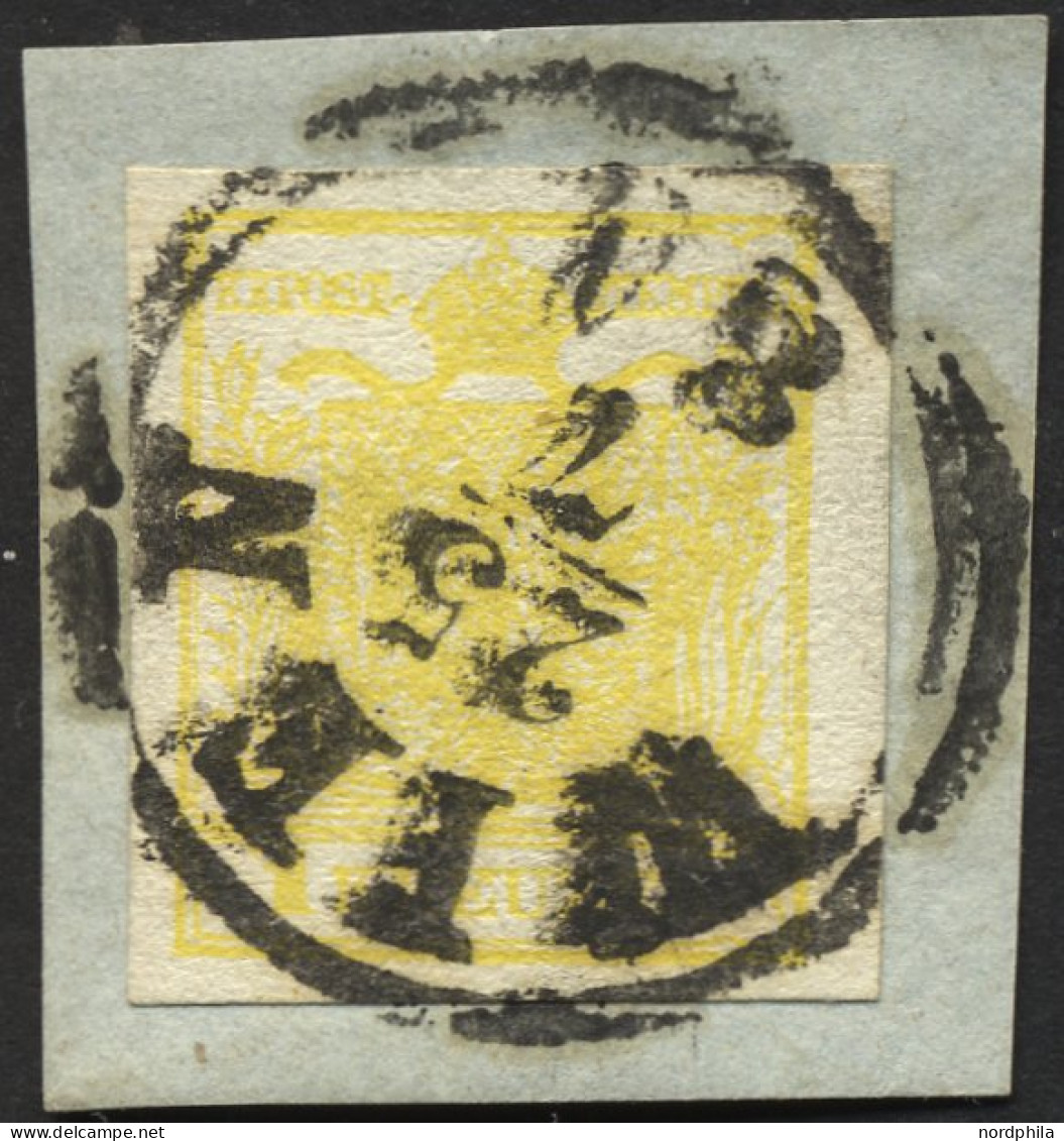 ÖSTERREICH 1Ya BrfStk, 1854, 1 Kr. Gelb, Maschinenpapier, K1 WIEN, Riesenrandig, Kabinettbriefstück - Usados