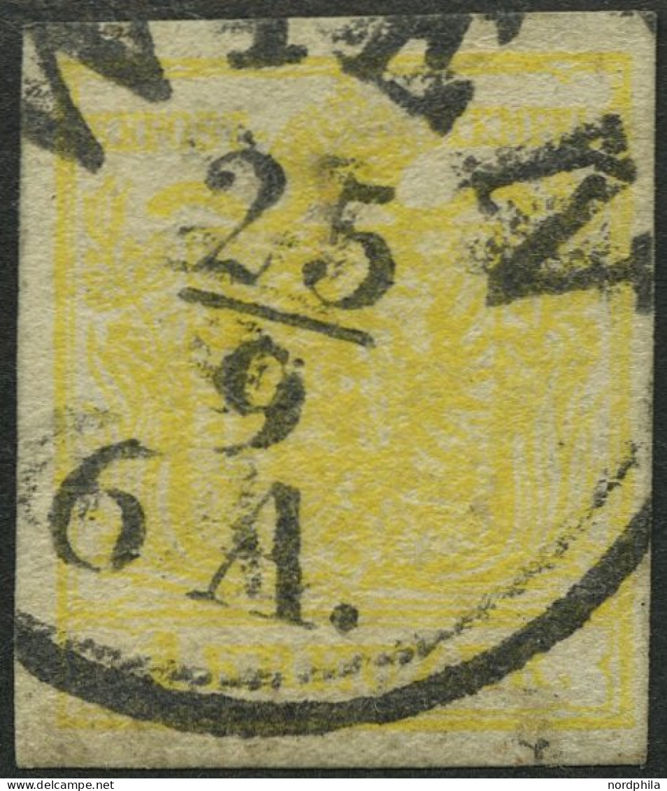 ÖSTERREICH 1Y O, 1854, 1 Kr. Schwefelgelb, Maschinenpapier, Type III, K1 WIEN, Abgenutzter Druck, Pracht, Gepr. Dr. Ferc - Used Stamps