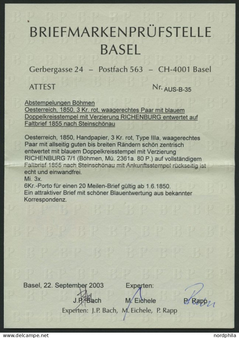 ÖSTERREICH 3Xa Paar BRIEF, 1855, 3 Kr. Rot, Handpapier, Type IIIa, Waagerechtes Breitrandiges Paar Auf Brief Mit Blauem  - Other & Unclassified