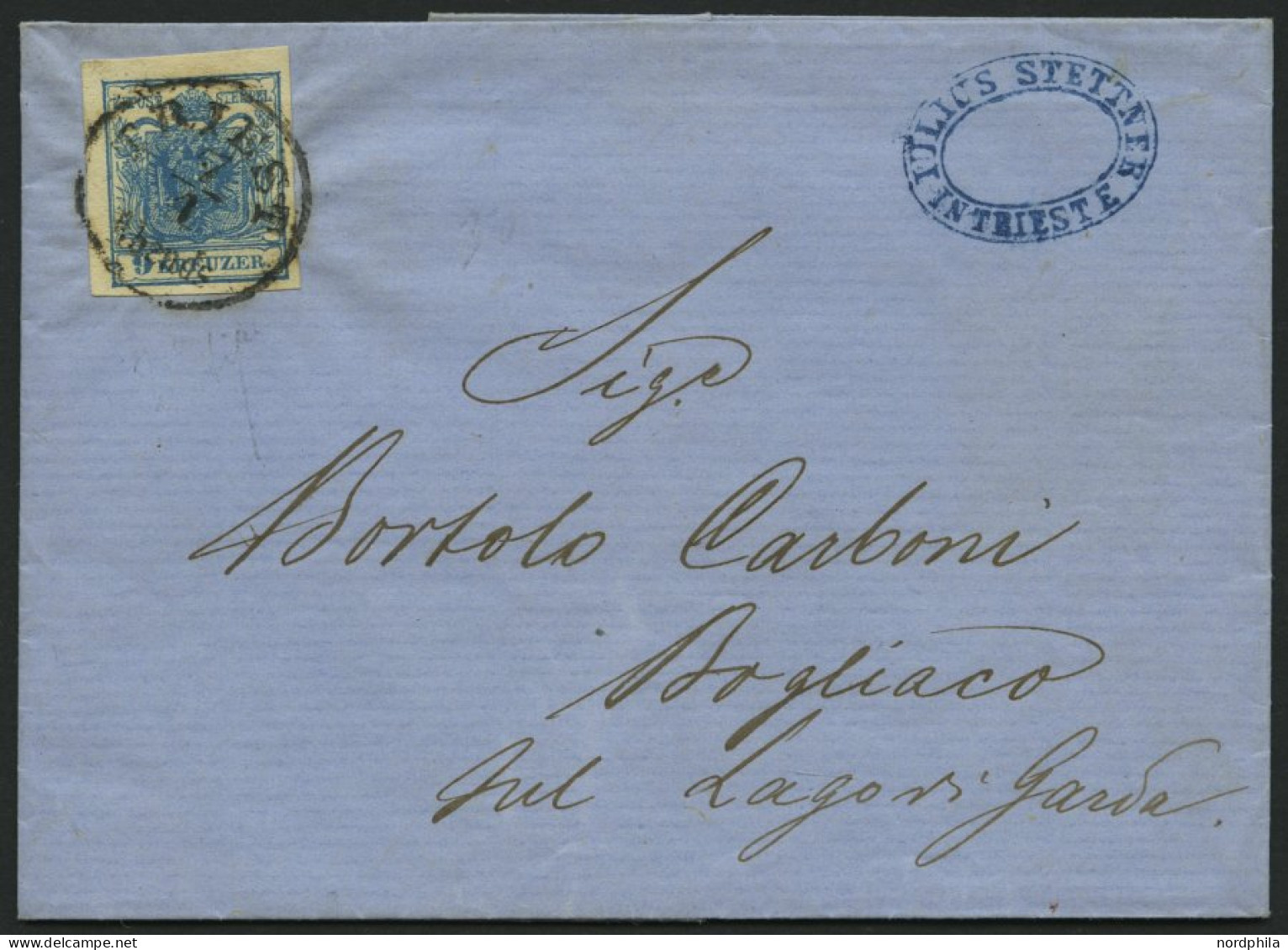 ÖSTERREICH 5Y BRIEF, 1855, 9 Kr. Blau, Maschinenpapier, Type IIIb, K1 TRIEST Abends, Prachtbrief Nach Bogliaco - Autres & Non Classés