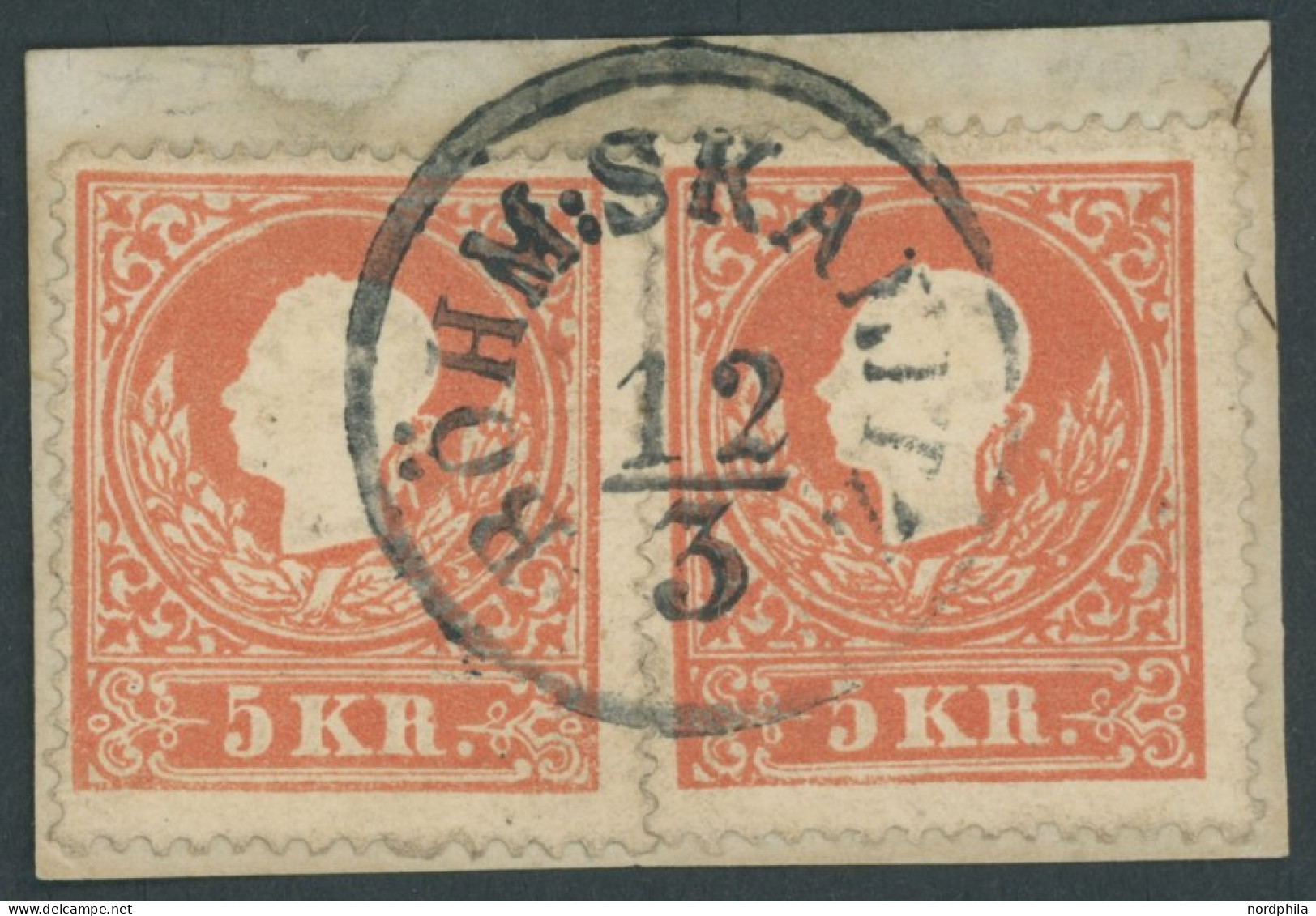 ÖSTERREICH BIS 1867 13I BrfStk, 1858, 5 Kr. Rot, Type I, 2x Auf Briefstück Mit K1 BÖHM:SKANITZ, Feinst - Andere & Zonder Classificatie