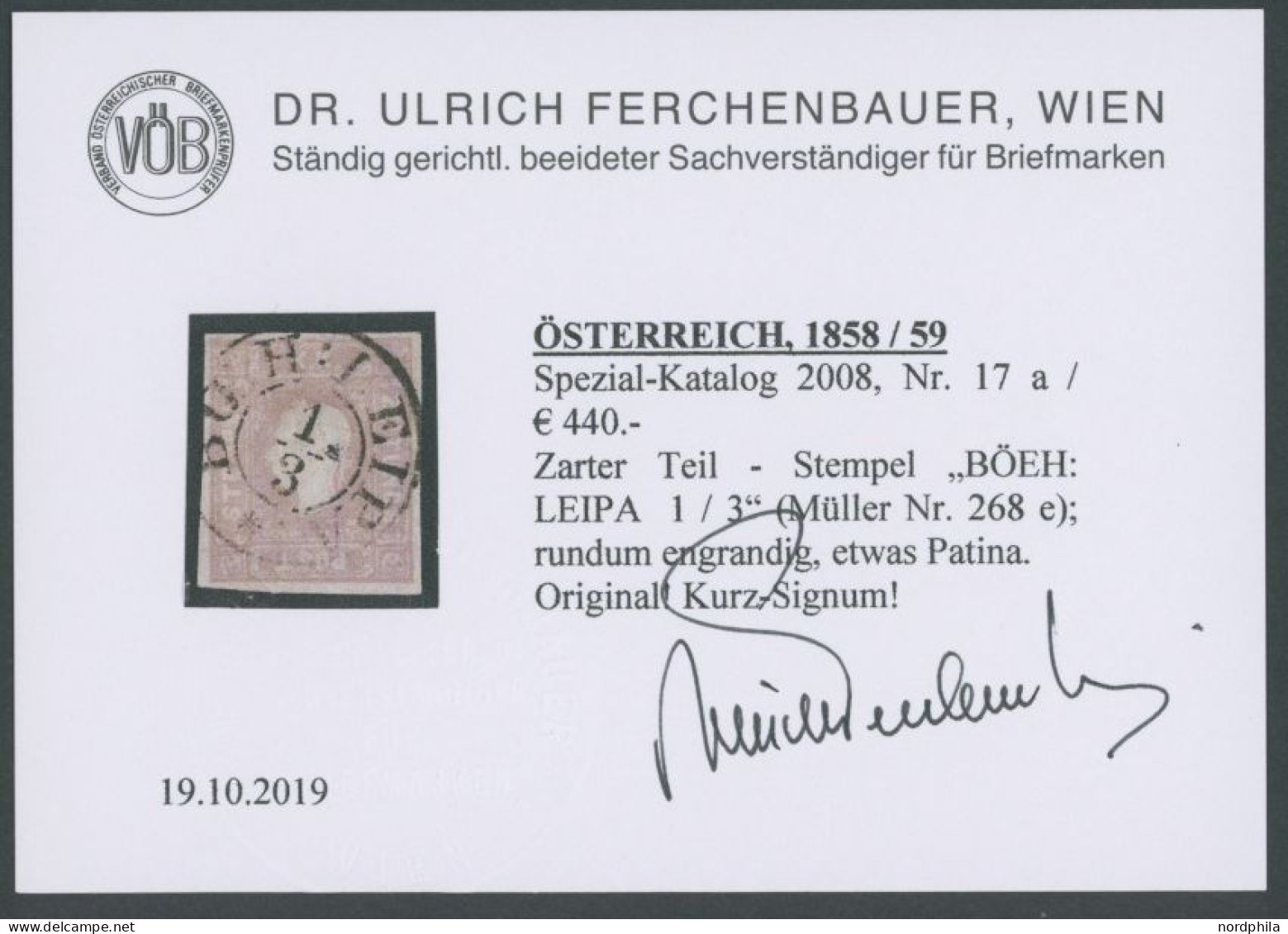 ÖSTERREICH BIS 1867 17 O, 1858, 1.05 Kr. Dunkellila, K2 BÖEH:LEIPA (Müller Nr. 268e), Pracht, Fotobefund Dr. Ferchenbaue - Other & Unclassified