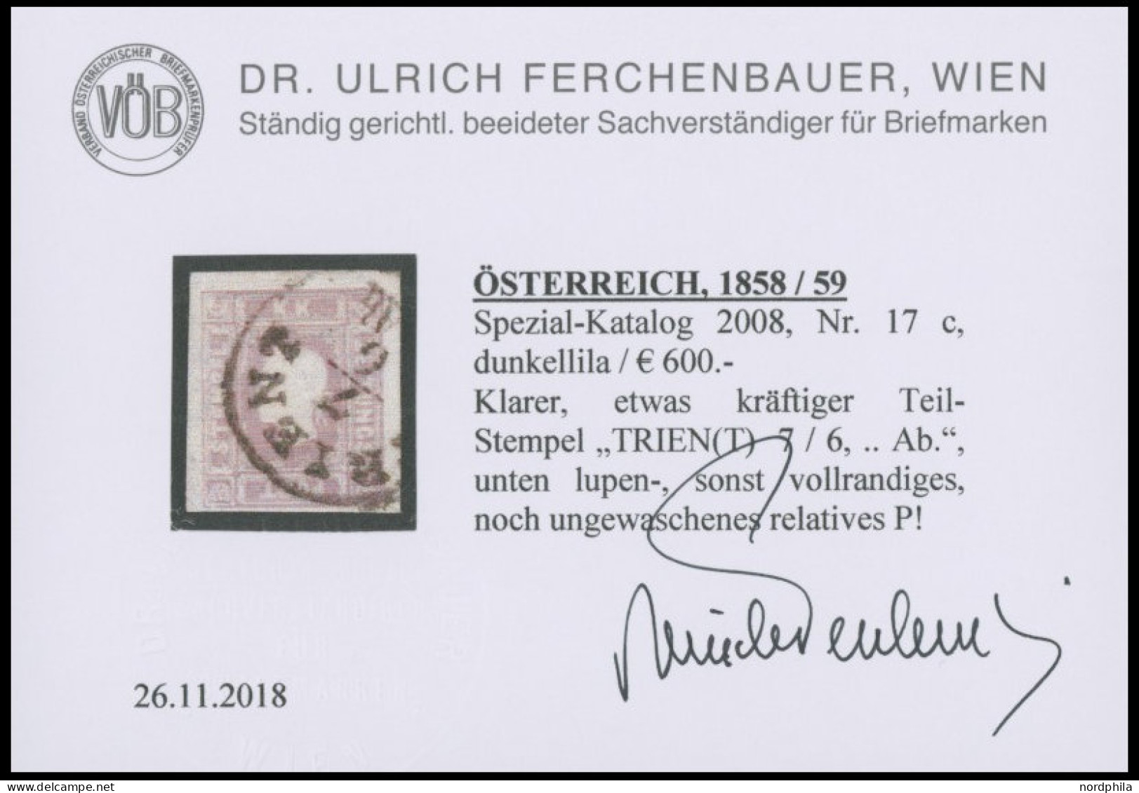 ÖSTERREICH BIS 1867 17a O, 1858, 1.05 Kr. Dunkellila, Stempel TRIENT, Schmal-vollrandig, Pracht, Fotobefund Dr. Ferchenb - Other & Unclassified