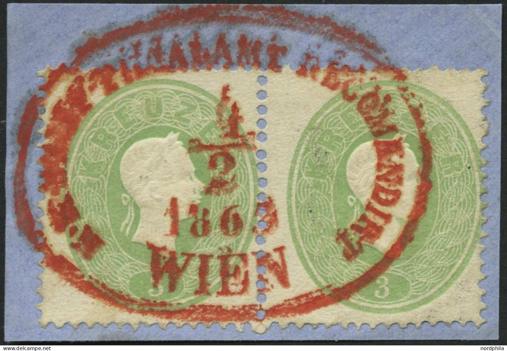 ÖSTERREICH 19 Paar BrfStk, 1863, 3 Kr. Grün Im Waagerechten Paar Auf Briefstück Mit Rotem Oval-K1 K.K. BRIEF-FILIALAMT-R - Used Stamps