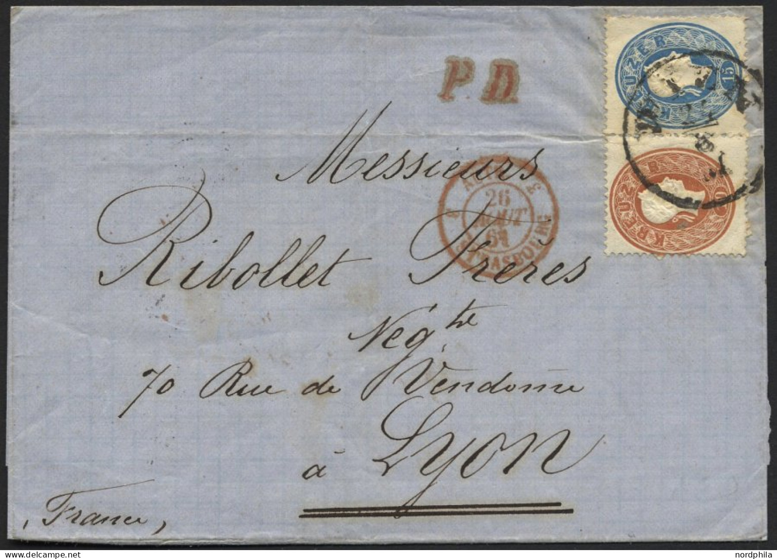 ÖSTERREICH 21/2 BRIEF, 1861, 10 Kr. Braun Und 15 Kr. Blau Auf Brief Von WIEN Nach Lyon, Pracht - Gebruikt