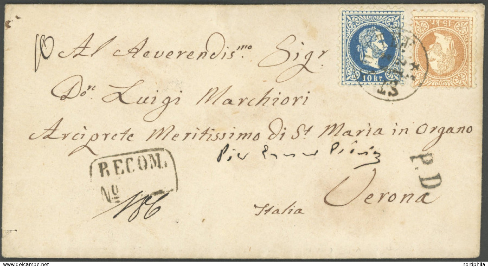 ÖSTERREICH 38/9I BRIEF, 1867, 10 Kr. Blau Und 15 Kr. Braun, Grober Druck, Auf Brief Mit K1 ST. PÖLTEN Nach Verona/Italie - Used Stamps