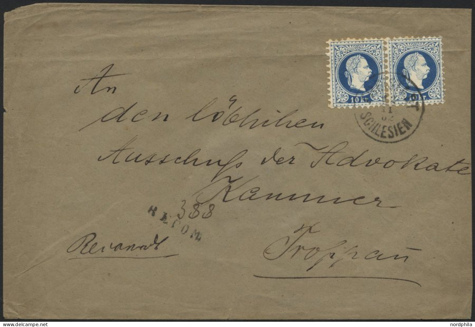 ÖSTERREICH 38II Paar BRIEF, 1882, 10 Kr. Blau, Feiner Druck, Im Waagerechten Paar Auf Reco-Brief Von Schlesien Nach Trop - Oblitérés