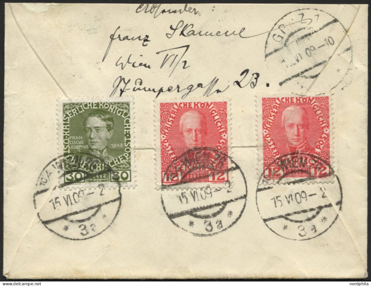 ÖSTERREICH 145,148 BRIEF, 1909, 12 H. (2x) Und 30 H. Regierungsjubiläum, Rückseitig Auf Expressbrief Von Wien Nach Graz, - Usados