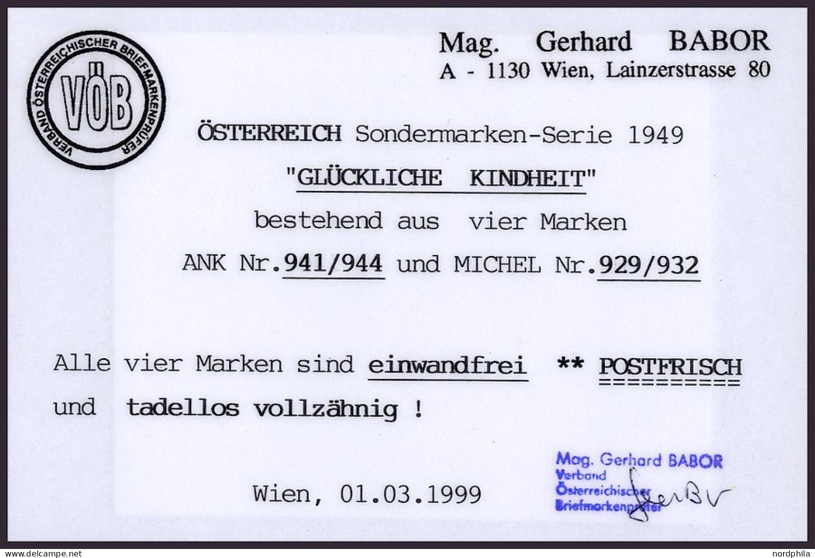 ÖSTERREICH 929-32 , 1949, Glückliche Kindheit, Prachtsatz, Fotobefund Babor, Mi. 80.- - Oblitérés