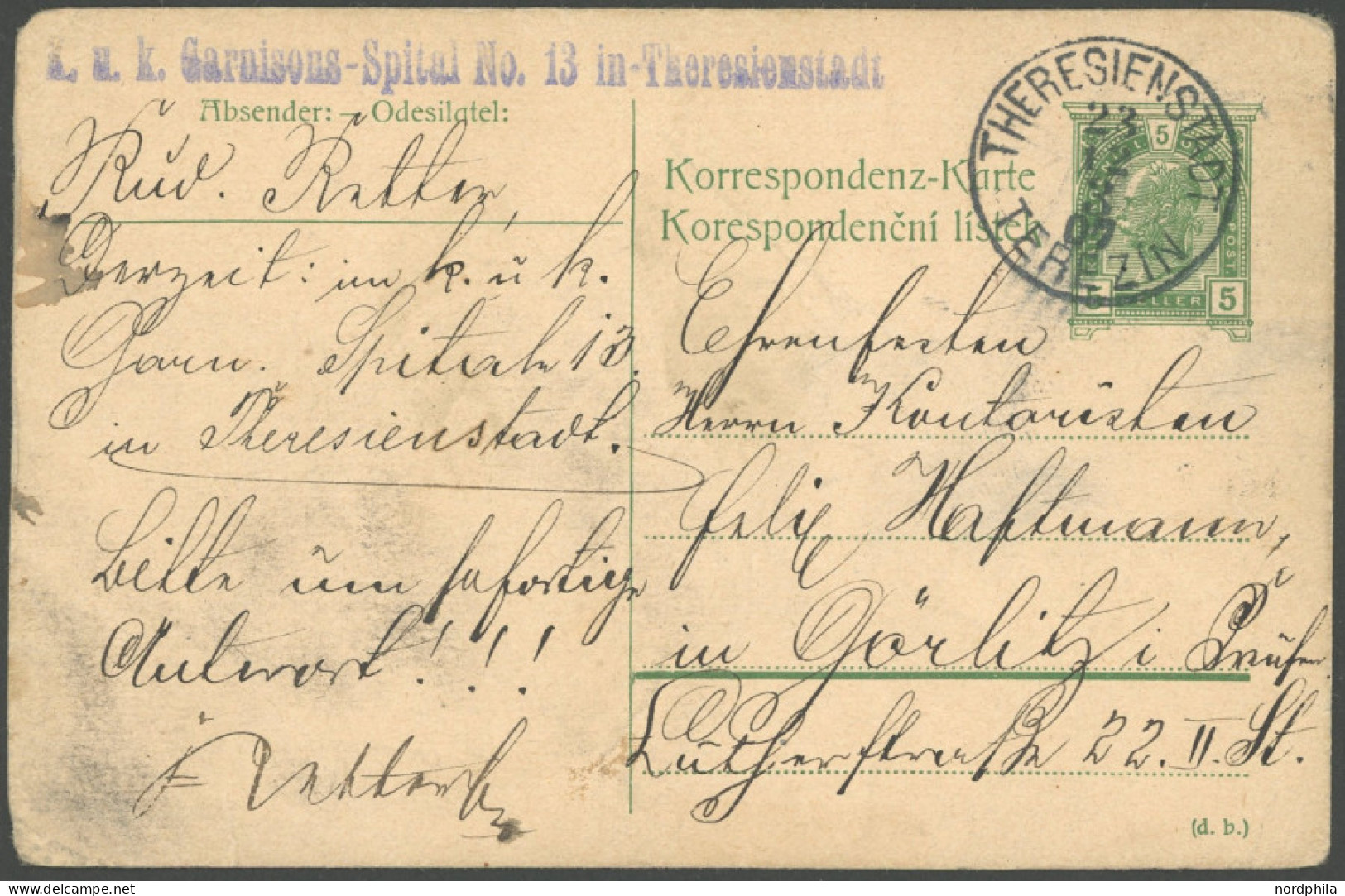 GANZSACHEN 1907, 5 H. Ganzsachenkarte Mit K1 THERESIENSTADT TEREZIN Und L1 K.u.K. Garnisons-Spital No. 13 In Theresienst - Sonstige & Ohne Zuordnung