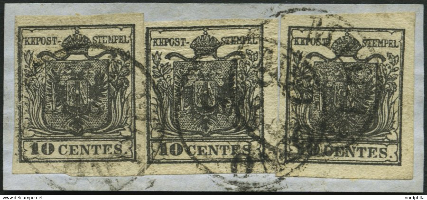 LOMBARDEI UND VENETIEN 2Xa BrfStk, 1850, 10 C. Schwarz, Handpapier, Type Ib, Ia, Ia, Dreifachfrankatur Auf Prachtbriefst - Lombardo-Vénétie