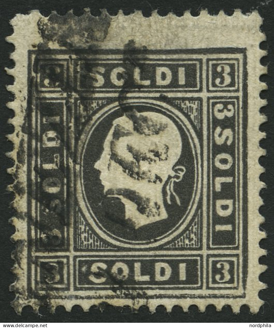 LOMBARDEI UND VENETIEN 7Ia O, 1858, 3 So. Schwarz, Type I, Mit Plattenfehler Kleiner Weißer Fleck Vor Soldi Unten, L2 VE - Lombardije-Venetië