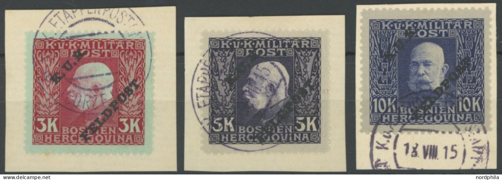 AT-HUNG. FELDPOST ALLG. AUSG. 19-21 BrfStk, 1915, 3 - 10 Kr. Kaiser Franz Joseph I, Mit Aufdruck, 3 Prachtbriefstücke, M - Otros & Sin Clasificación