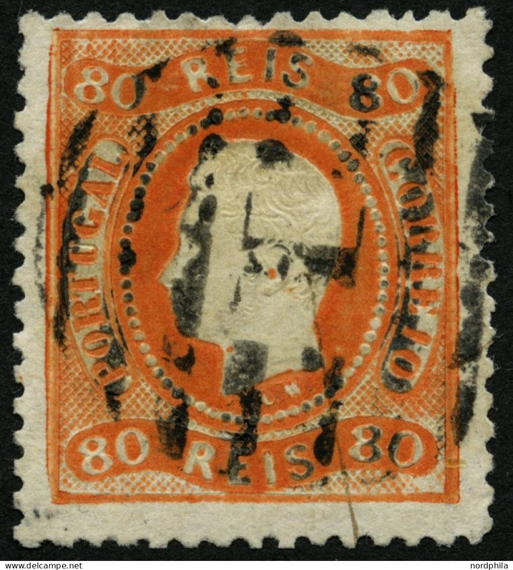 PORTUGAL 30 O, 1867, 80 R. Orange, Nummernstempel 1, üblich Gezähnt Pracht, Mi. 150.- - Oblitérés