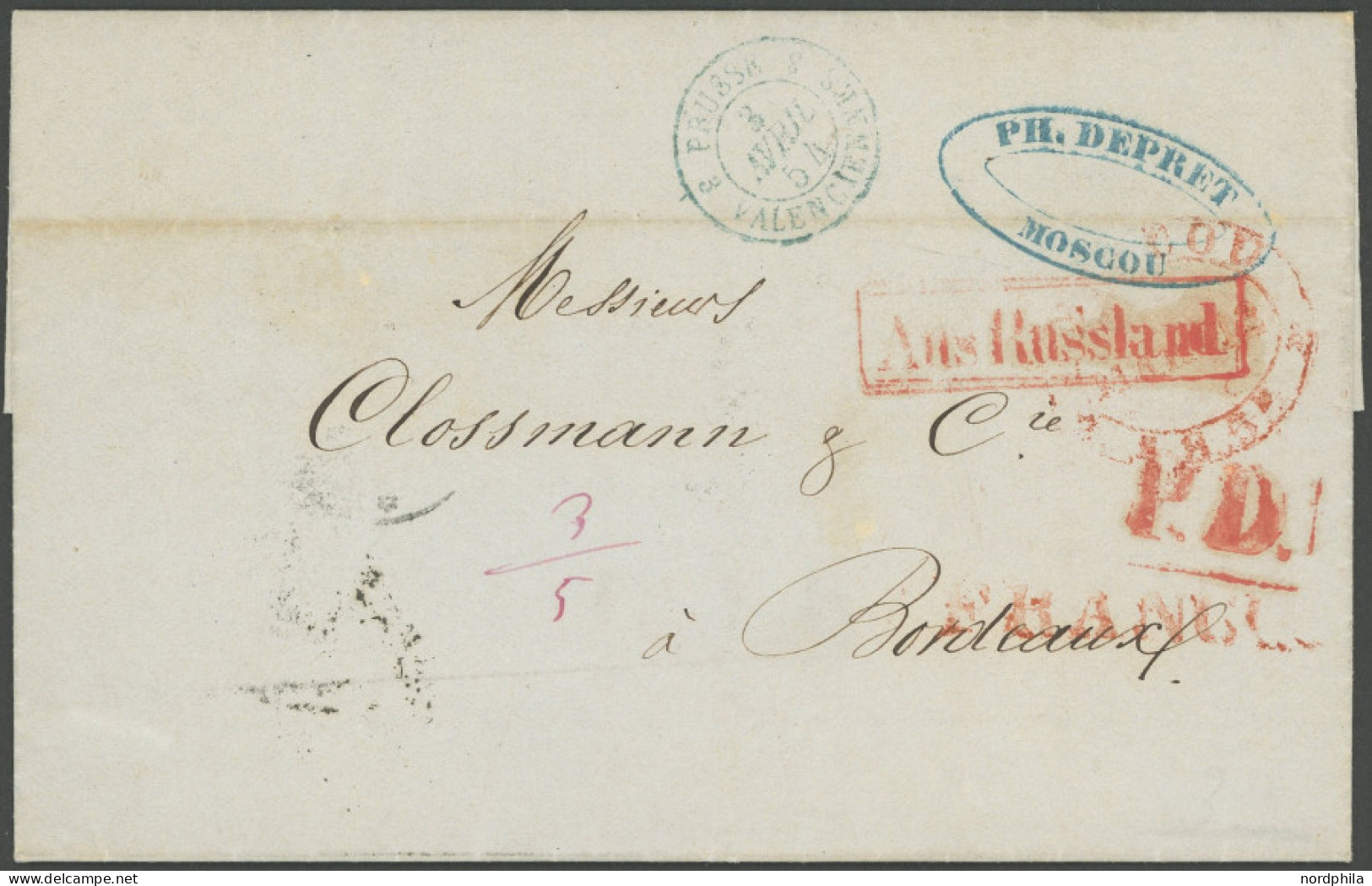 RUSSLAND 1854 Aus Russland, Roter R1, Roter P.D. Sowie Roter K2 MOSCOU Auf Brief Nach Bordeaux, Pracht - Otros & Sin Clasificación