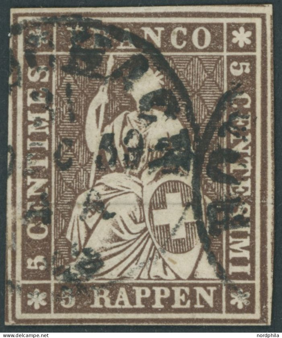 SCHWEIZ BUNDESPOST 13IIBys O, 1856, 5 Rp. Braun, Schwarzer Seidenfaden, Berner Druck II, (Zst. 22D), Allseits Breitrandi - Sonstige & Ohne Zuordnung