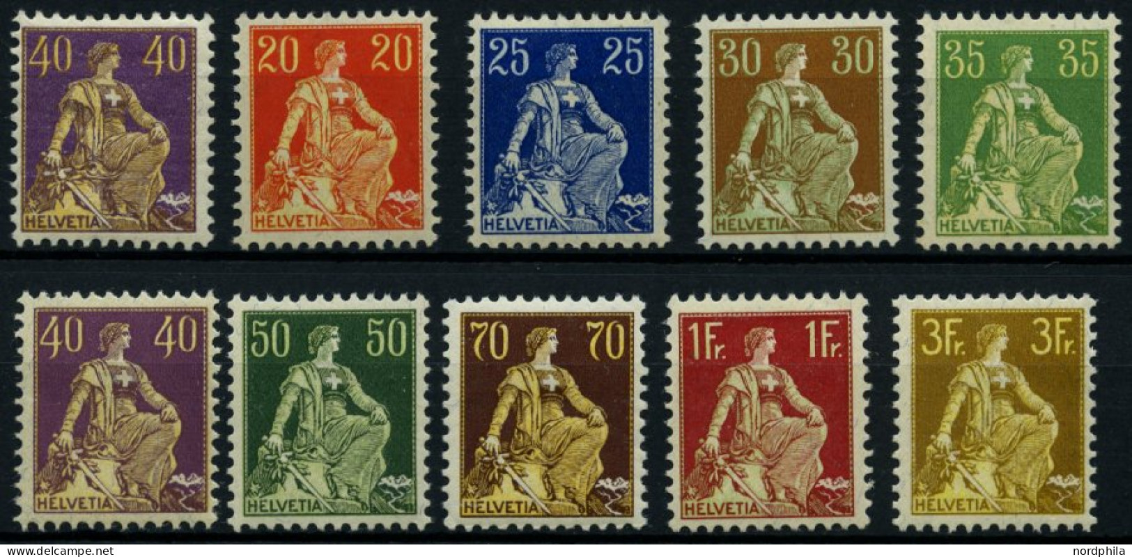 SCHWEIZ BUNDESPOST 101-10x , 1908, Sitzende Helvetia, Glatter Gummi, Postfrisch, Prachtsatz, Mi. 1300.- - Ungebraucht