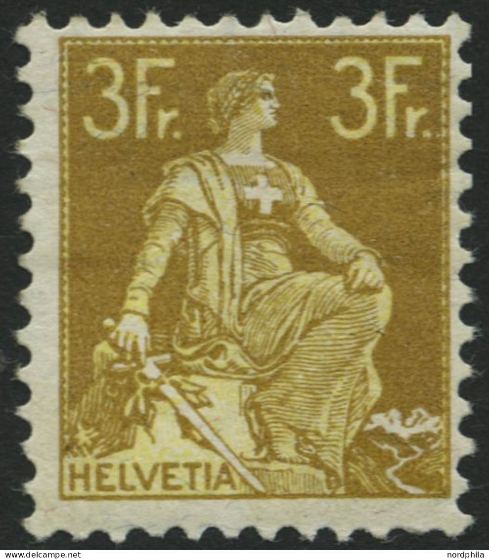 SCHWEIZ BUNDESPOST 110 , 1908, 3 Fr. Schwärzlichgraugelb/mattgelb, Falzreste, Feinst, Mi. 320.- - Unused Stamps