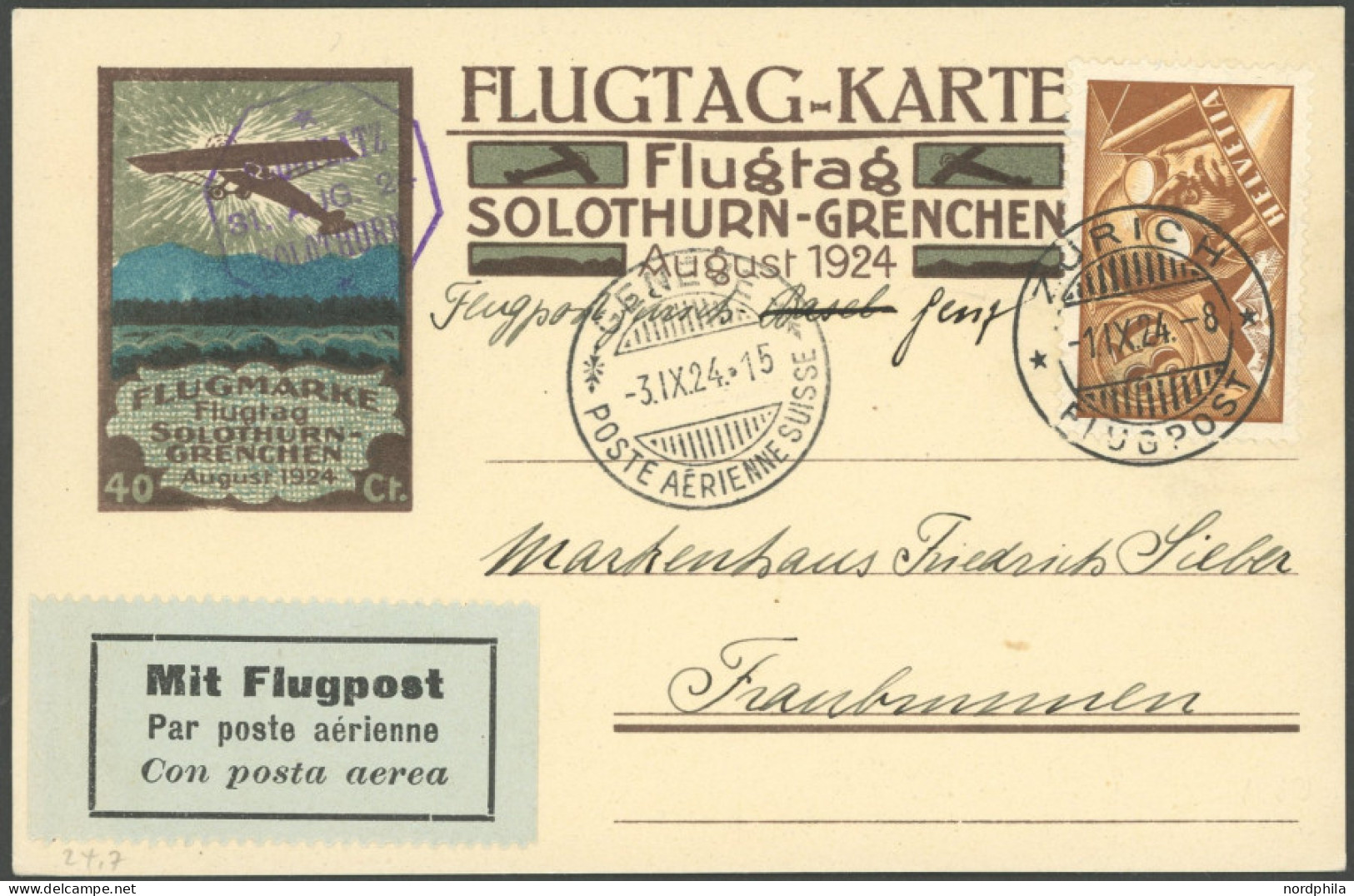 LUFTPOST SF 24.7 BRIEF, 31.8.1924, Flugtag SOLOTHURN-GRENCHEN Mit Stempel ZÜRICH 1.9.24 Auf Flugkarte Mit 40 Rp. Eindruc - Primeros Vuelos