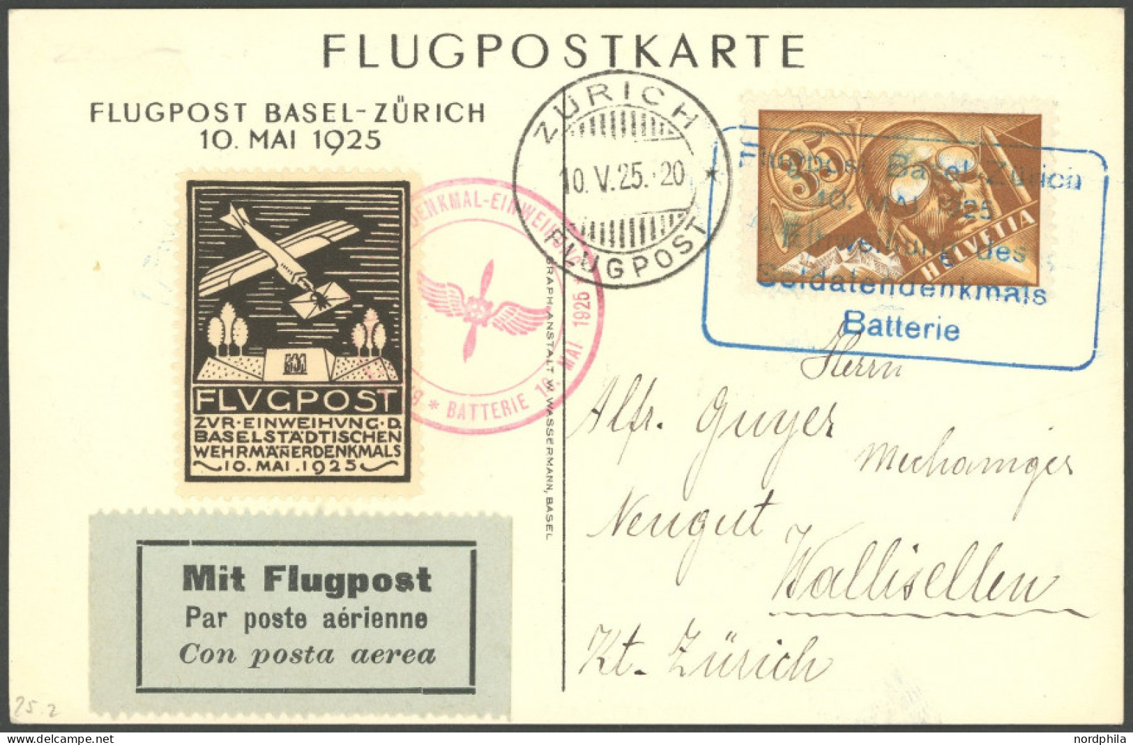 LUFTPOST SF 25.2 BRIEF, 10.5.1925, Flugpost BASEL-ZÜRICH, Sonderkarte Mit Vignette Und Mi.Nr. 181, Prachtkarte - Primeros Vuelos