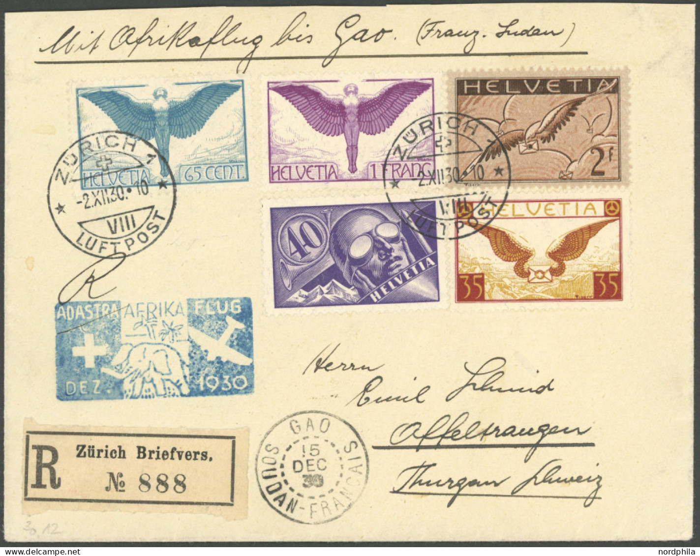 LUFTPOST SF 30.12e BRIEF, 2.12.1930, 3. SCHWEIZER AFRIKAFLUG, Zürich-GAO, Einschreibbrief Mit Guter Frankatur, U.a. Mi.N - First Flight Covers